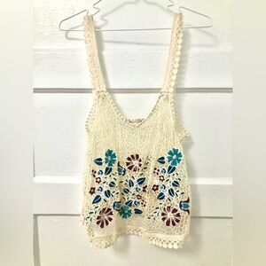 Pull&Bear Cream Crochet Tank Top with Floral Embroidery